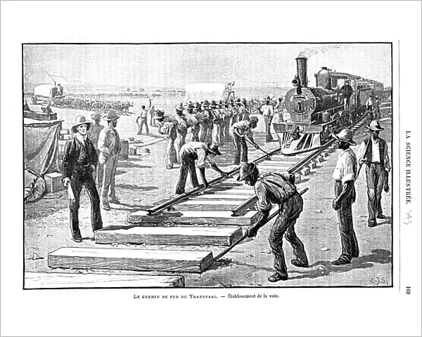 Laying sleepers and rails (permanent way) on the Transvaal Railway, South Africa, 1893