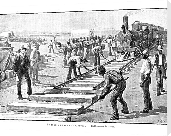 Laying sleepers and rails (permanent way) on the Transvaal Railway, South Africa, 1893