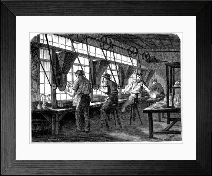 Framed Print : Glass cutters at their wheels, c1870 Framed Print : Glass cutters at their wheels, c1870
