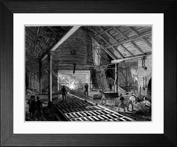 Framed Print : Tapping a blast furnace and running molten iron into the pigs, c1885 Framed Print : Tapping a blast furnace and running molten iron into the pigs, c1885