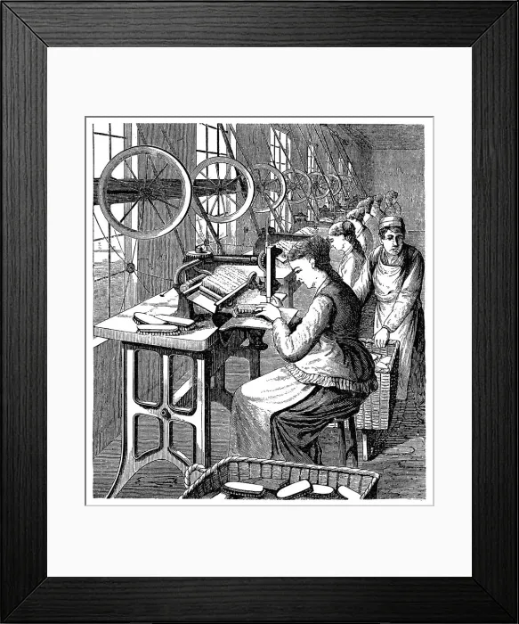 Framed Print : Women securing bristles in brushes using Woodburys machine, late 19th century Framed Print : Women securing bristles in brushes using Woodburys machine, late 19th century