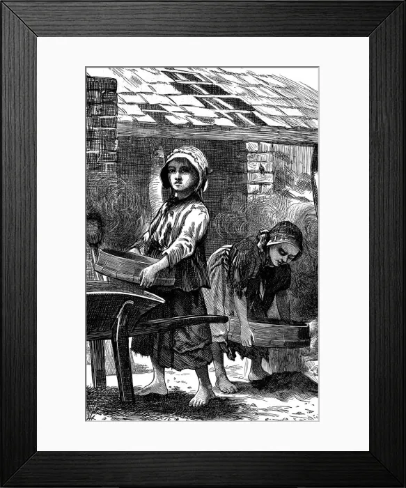 Framed Print : Barefoot girls sifting dust in a brickyard, 1871 Framed Print : Barefoot girls sifting dust in a brickyard, 1871