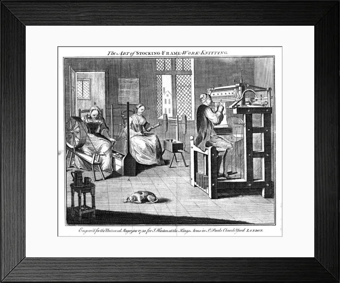 Framed Print : Stocking frame workshop, 1750 Framed Print : Stocking frame workshop, 1750