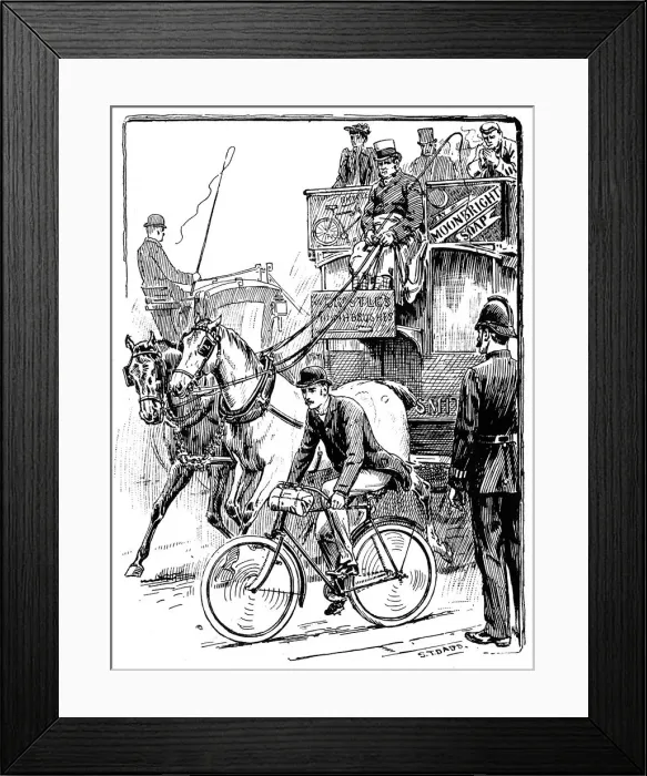 Framed Print : Cyclist in busy London traffic riding a machine of the Rover safety type, 1895. Artist: Stephen T Dadd Framed Print : Cyclist in busy London traffic riding a machine of the Rover safety type, 1895. Artist: Stephen T Dadd