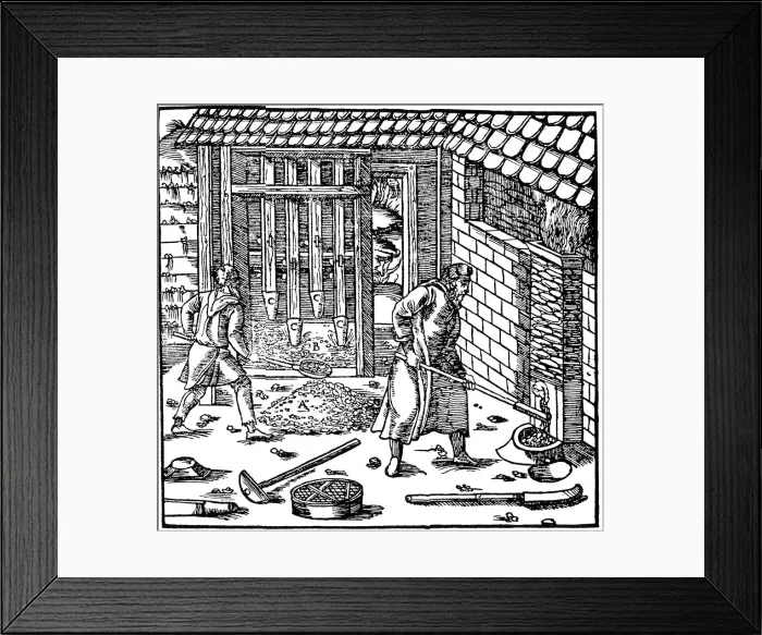 Framed Print : Stamping and roasting ore to extract metal, 1556 Framed Print : Stamping and roasting ore to extract metal, 1556