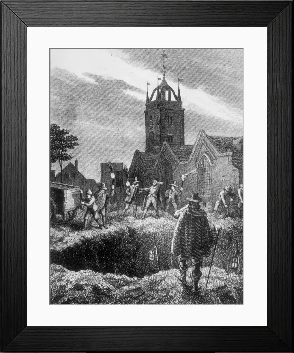 Framed Print : Filling a mass grave at night during the Plague of London, c1665 Framed Print : Filling a mass grave at night during the Plague of London, c1665
