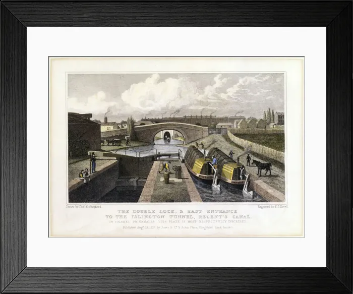 Framed Print : The Double Lock and East Entrance to the Islington Tunnel, Regents Canal, 1827. Artist: Frederick James Havell Framed Print : The Double Lock and East Entrance to the Islington Tunnel, Regents Canal, 1827. Artist: Frederick James Havell