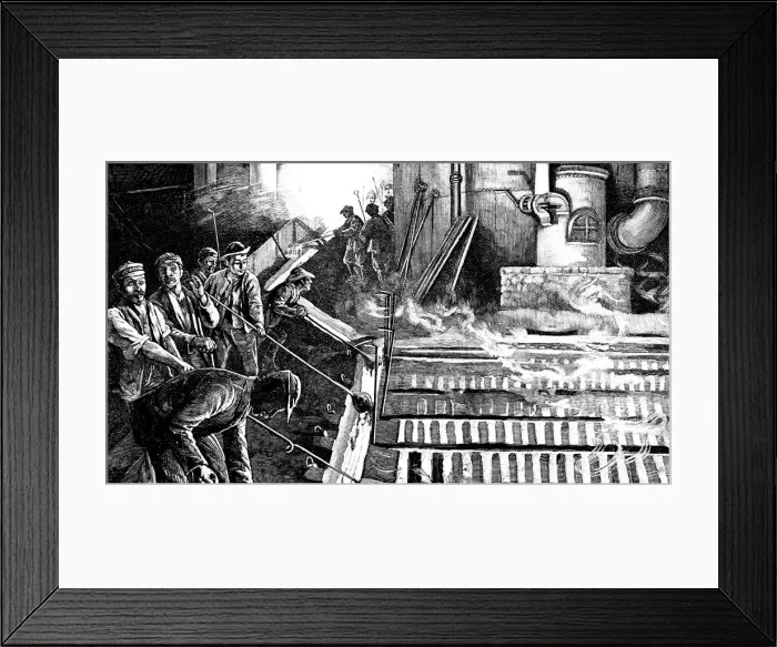 Framed Print : Tapping a blast furnace and casting iron into pigs, c1900 Framed Print : Tapping a blast furnace and casting iron into pigs, c1900