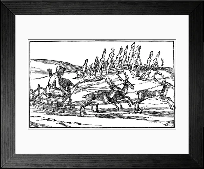 Framed Print : Samoyed travelling on a sleigh pulled by reindeer, late 16th-early 17th century Framed Print : Samoyed travelling on a sleigh pulled by reindeer, late 16th-early 17th century