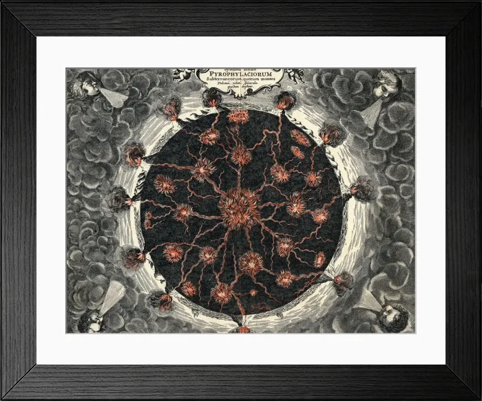 Framed Print : Sectional view of the Earth, showing central fire and volcanoes, 1665 Framed Print : Sectional view of the Earth, showing central fire and volcanoes, 1665