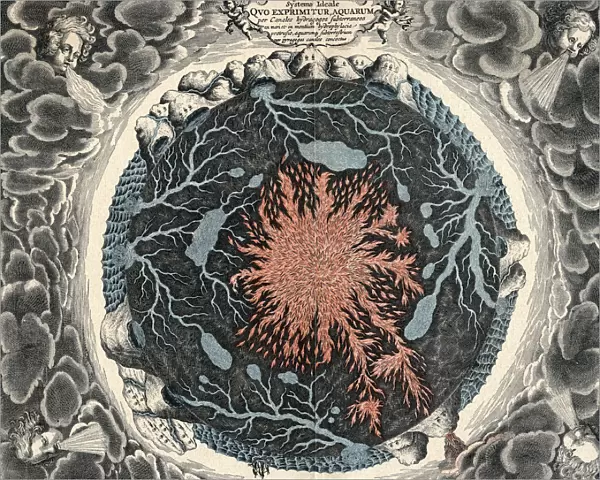 Sectional view of the Earth, showing central fire and underground canals linked to oceans, 1665