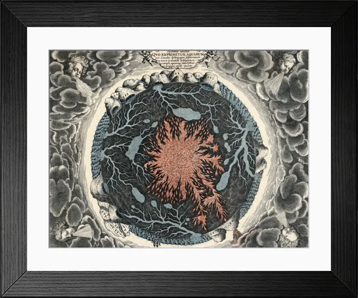 Framed Print : Sectional view of the Earth, showing central fire and underground canals linked to oceans, 1665 Framed Print : Sectional view of the Earth, showing central fire and underground canals linked to oceans, 1665