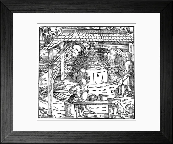 Framed Print : Separating lead from silver or gold in a cupellation furnace, 1556 Framed Print : Separating lead from silver or gold in a cupellation furnace, 1556