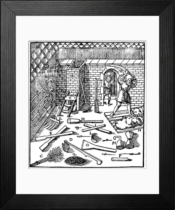 Framed Print : Smelting of ores (gold, silver, copper and lead), 1556 Framed Print : Smelting of ores (gold, silver, copper and lead), 1556