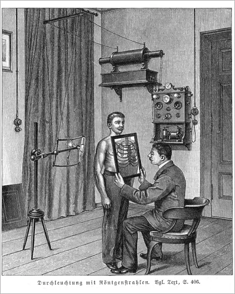 Examining a patients thorax using an X-ray tube and fluorescent screen, 1903