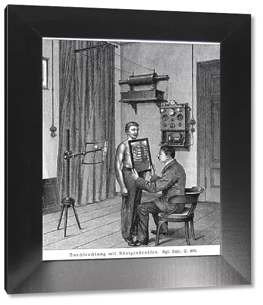 Examining a patients thorax using an X-ray tube and fluorescent screen, 1903