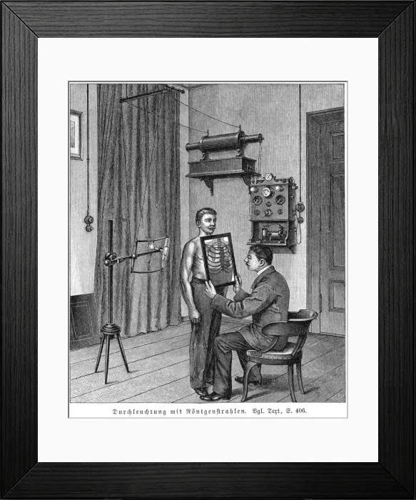 Framed Print : Examining a patients thorax using an X-ray tube and fluorescent screen, 1903 Framed Print : Examining a patients thorax using an X-ray tube and fluorescent screen, 1903