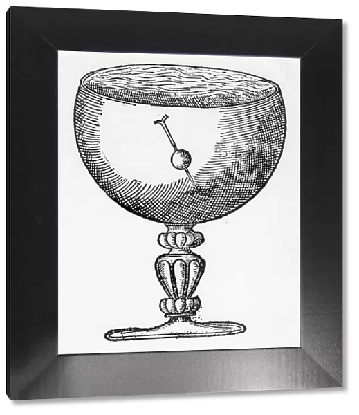 A magnetized needle pushed through a ball of cork, floating submerged in a goblet of water, 1600