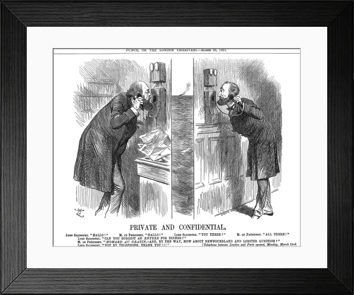Framed Print : Private and Confidential, opening of the Anglo-French telephone line, 1891. Artist: John Tenniel Framed Print : Private and Confidential, opening of the Anglo-French telephone line, 1891. Artist: John Tenniel