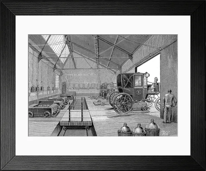 Framed Print : Depot where electrically driven Paris cabs were fitted with freshly charged batteries, 1899 Framed Print : Depot where electrically driven Paris cabs were fitted with freshly charged batteries, 1899