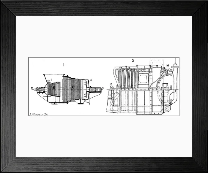 Framed Print : Longtudinal sections of two steam turbines Framed Print : Longtudinal sections of two steam turbines