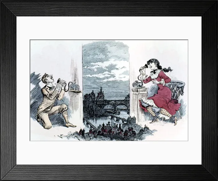 Framed Print : Courting by telephone across Paris, 1883 Framed Print : Courting by telephone across Paris, 1883