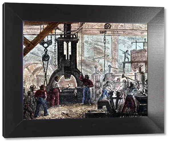 Steam hammer being used in an ironworks, France, 1867
