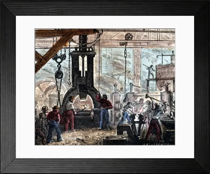Framed Print : Steam hammer being used in an ironworks, France, 1867 Framed Print : Steam hammer being used in an ironworks, France, 1867