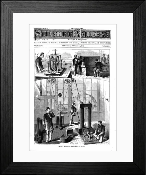 Framed Print : Thomas Edisons generator for electric light at his home at Menlo Park, New Jersey, USA, 1879 Framed Print : Thomas Edisons generator for electric light at his home at Menlo Park, New Jersey, USA, 1879