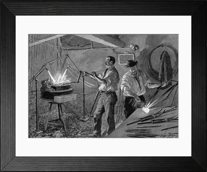 Framed Print : Welding a bicycle frame, France, 1896 Framed Print : Welding a bicycle frame, France, 1896