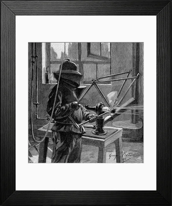 Framed Print : Sandblasting the joints of a bicycle frame, France, 1896 Framed Print : Sandblasting the joints of a bicycle frame, France, 1896