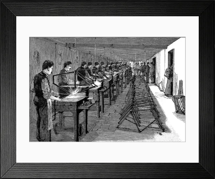 Framed Print : Welding bicycle frames in an American factory, 1900 Framed Print : Welding bicycle frames in an American factory, 1900