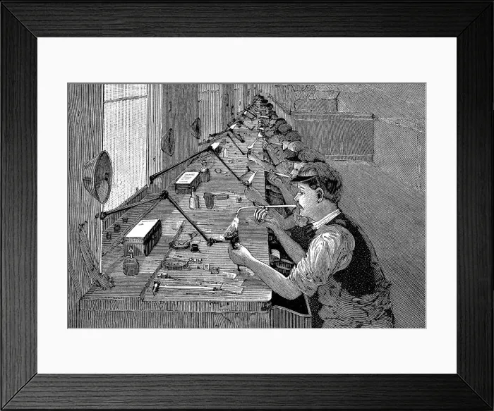 Framed Print : Soldering bicycle parts in an American factory, c1900 Framed Print : Soldering bicycle parts in an American factory, c1900