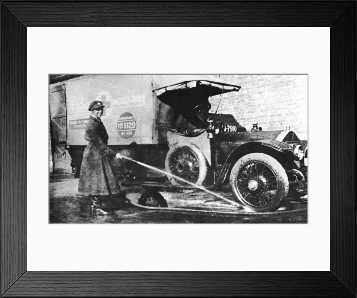 Framed Print : Volunteer English woman driver washing down her ambulance, Cambridge, World War I, 1915 Framed Print : Volunteer English woman driver washing down her ambulance, Cambridge, World War I, 1915