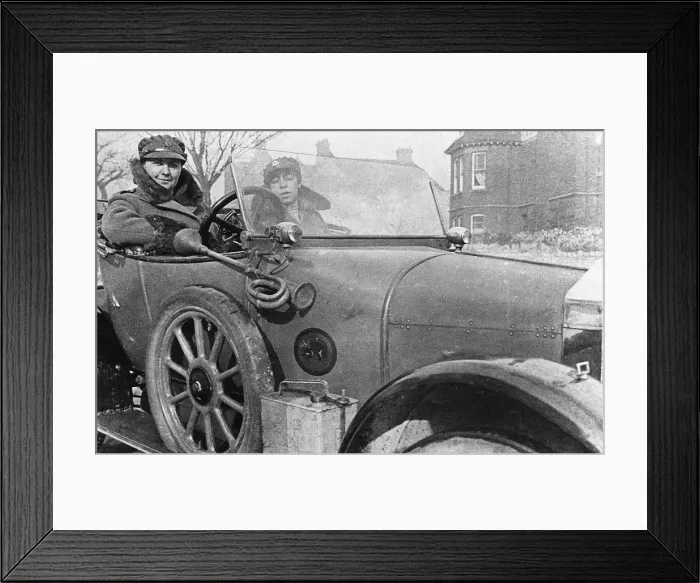 Framed Print : Volunteer women drivers in a Wolseley, donated towards the war effort, Cambridge, World War I, 1915 Framed Print : Volunteer women drivers in a Wolseley, donated towards the war effort, Cambridge, World War I, 1915