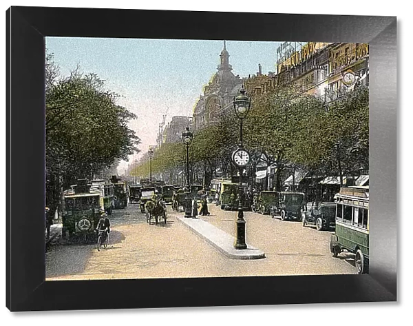 Boulevard des Italiens, Paris, with cars and motor buses on the street, c1900