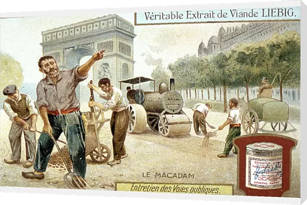 Laying a Macadam road surface and compacting it with a steam road roller, Paris, c1900