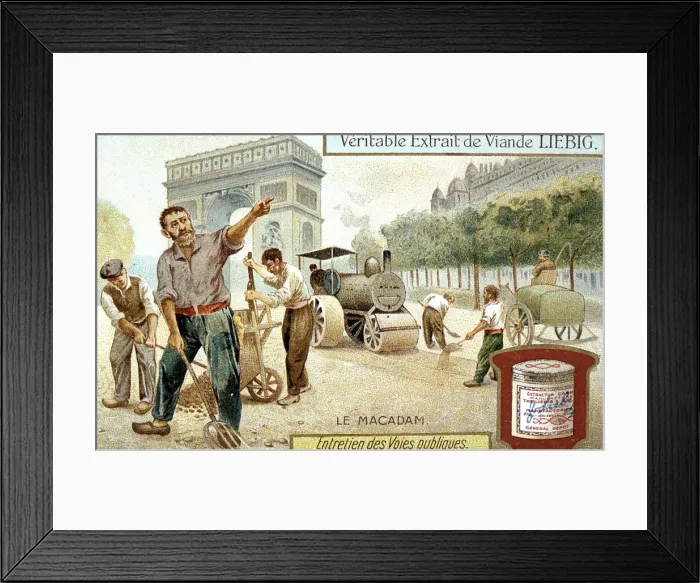 Framed Print : Laying a Macadam road surface and compacting it with a steam road roller, Paris, c1900 Framed Print : Laying a Macadam road surface and compacting it with a steam road roller, Paris, c1900