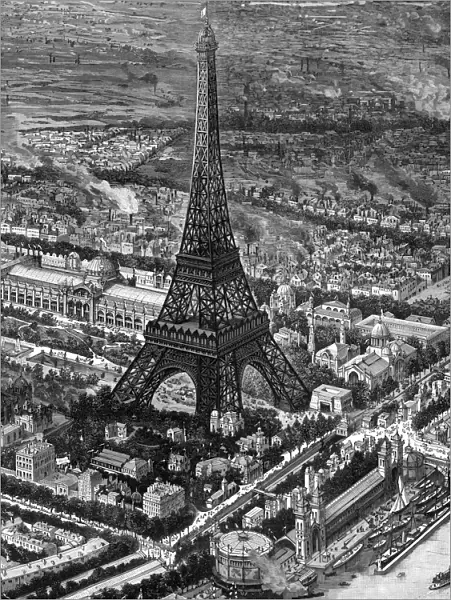 Bird s-eye view of the Eiffel Tower at the time of the opening of the Paris Exposition of 1889