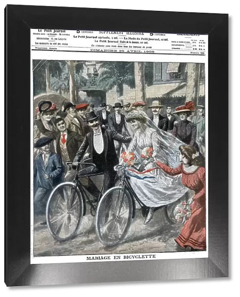 Wedding party on bicycles led by the bride and bridegroom, Nice, France, 1909