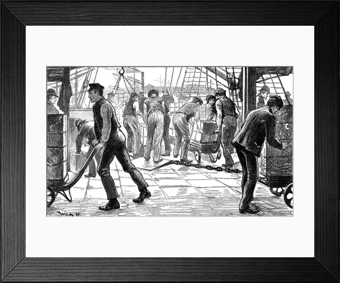 Framed Print : Dockers unloading tea in London Docks, 1889 Framed Print : Dockers unloading tea in London Docks, 1889