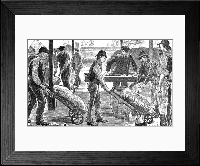 Framed Print : Dockers unloading sugar at West India Docks, London, 1889 Framed Print : Dockers unloading sugar at West India Docks, London, 1889