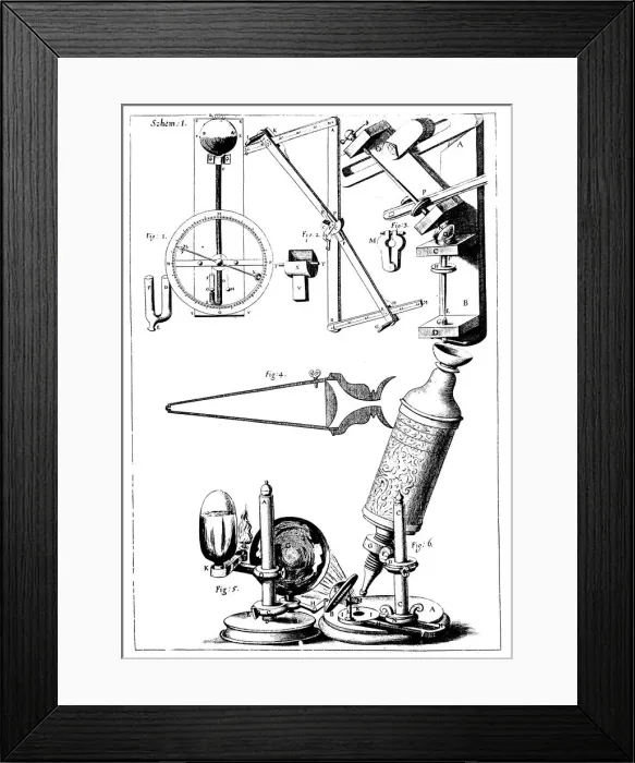 Framed Print : Hookes microscope with condenser for concentrating light, 1665 Framed Print : Hookes microscope with condenser for concentrating light, 1665