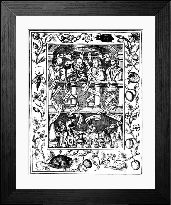 Framed Print : The four great alchemists, 1652. Artist: Robert Vaughan Framed Print : The four great alchemists, 1652. Artist: Robert Vaughan
