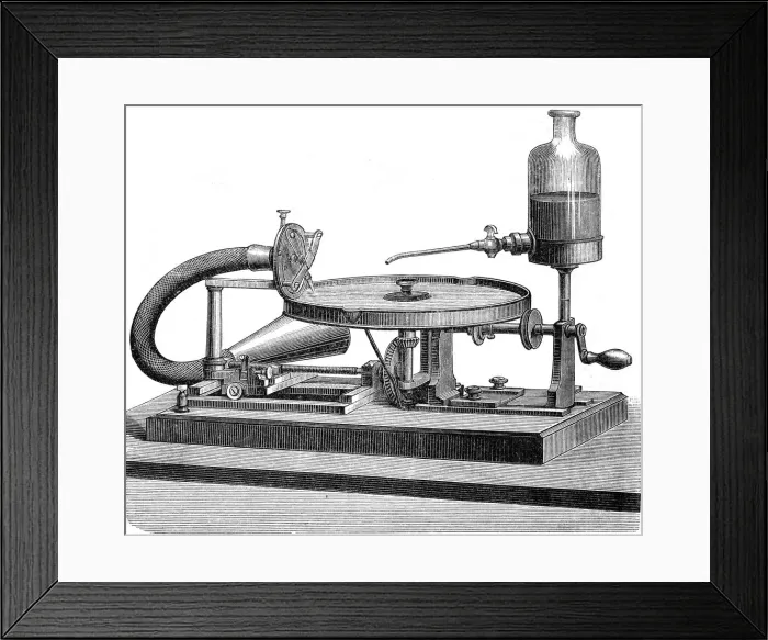 Framed Print : Sound Recording Disc Electricity Motor Battery Liquid, c1880 Framed Print : Sound Recording Disc Electricity Motor Battery Liquid, c1880