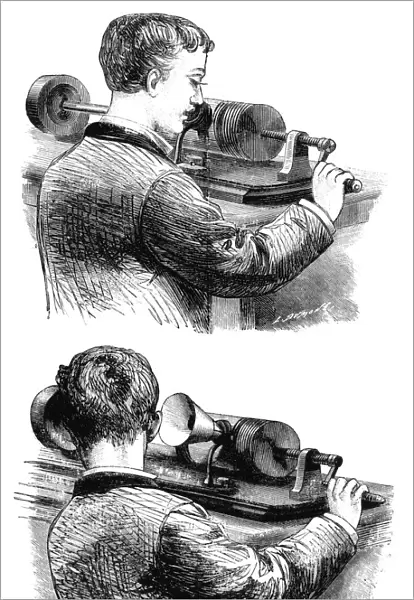 Making a recording with, and listening to, first Edison Phonograph, 1878
