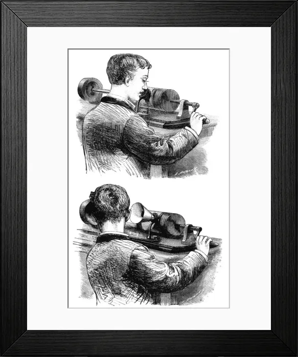 Framed Print : Making a recording with, and listening to, first Edison Phonograph, 1878 Framed Print : Making a recording with, and listening to, first Edison Phonograph, 1878