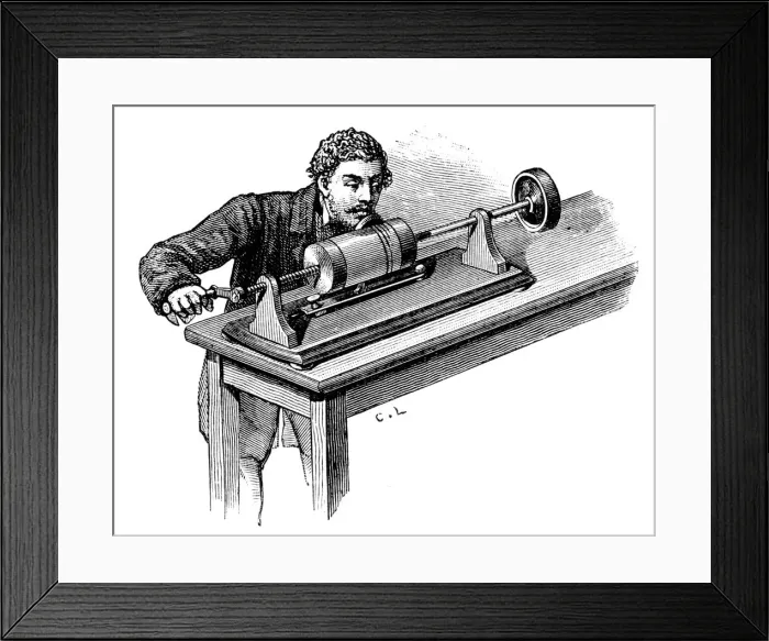 Framed Print : Making recording on first model of Thomas Edisons Phonograph, c1878 Framed Print : Making recording on first model of Thomas Edisons Phonograph, c1878