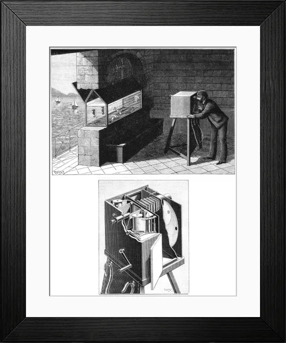 Framed Print : Etienne Jules Marey (1830-1903), with cine camera, 1903 Framed Print : Etienne Jules Marey (1830-1903), with cine camera, 1903