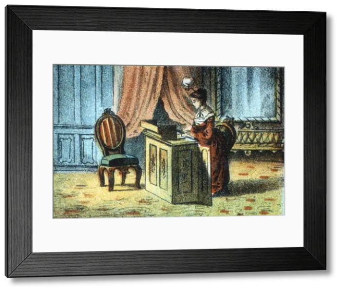 Framed Print : Woman using sewing machine patented by Elias Howe [c1878]